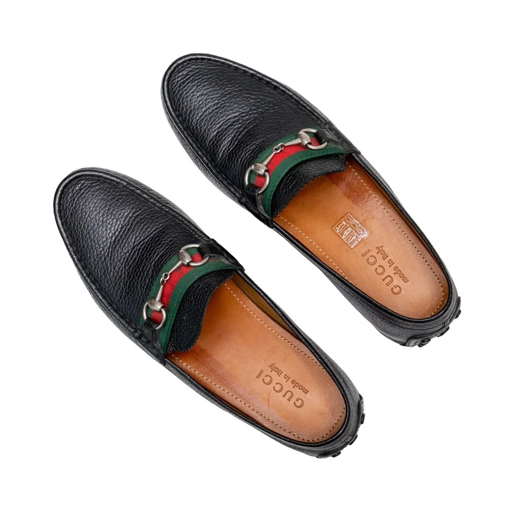 Gucci Mens Black Pebble Leather Horsebit Web Driving Loafers UK 8G US 9G w/ Box